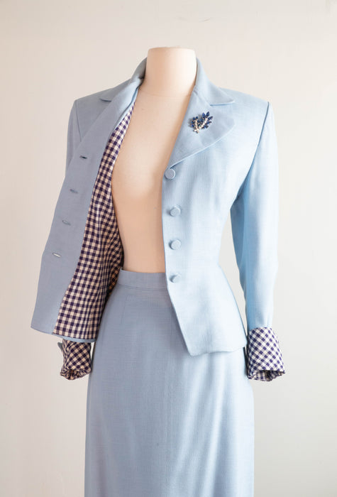 Elegant 1940's Wallis Blue Linen Suit With Gingham Cuffs & Lining / SM