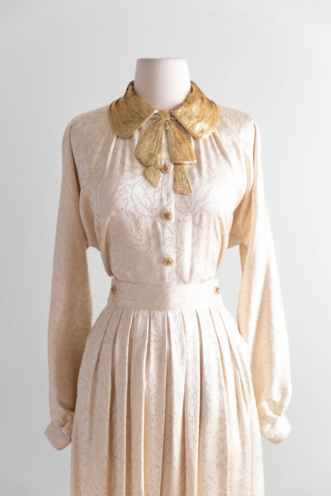 Elegant 1980's Geoffrey Beene Silk Blouse & Skirt Set / SM