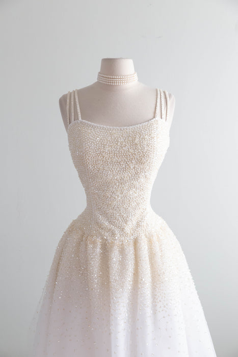 Enchanting Vintage Princess Wedding Gown With Sparkling Pearls & Tulle / M