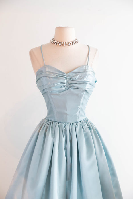 Dreamy 1950's Crystal Blue Satin Party Dress By Emma Domb / XS
