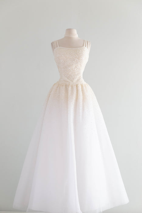 Enchanting Vintage Princess Wedding Gown With Sparkling Pearls & Tulle / M