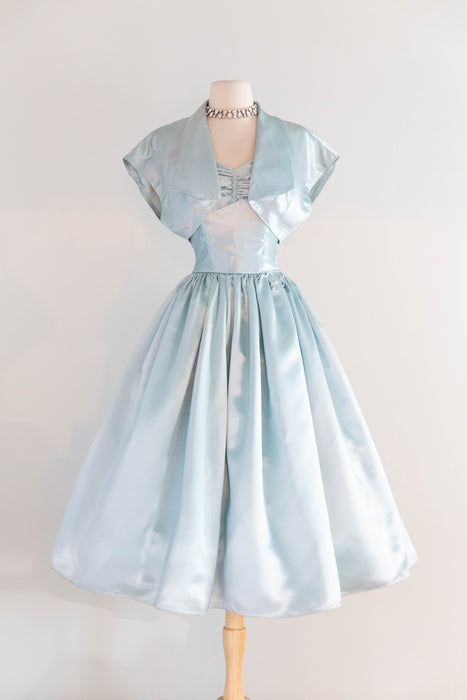 Dreamy 1950's Crystal Blue Satin Party Dress By Emma Domb / XS