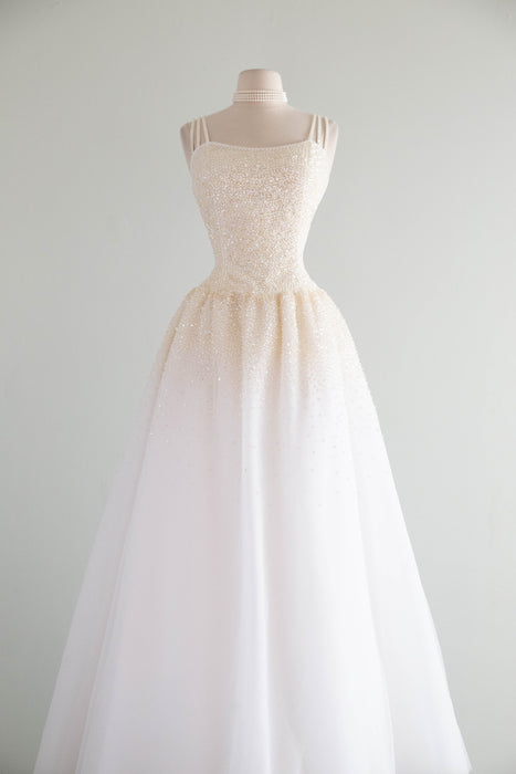 Enchanting Vintage Princess Wedding Gown With Sparkling Pearls & Tulle / M