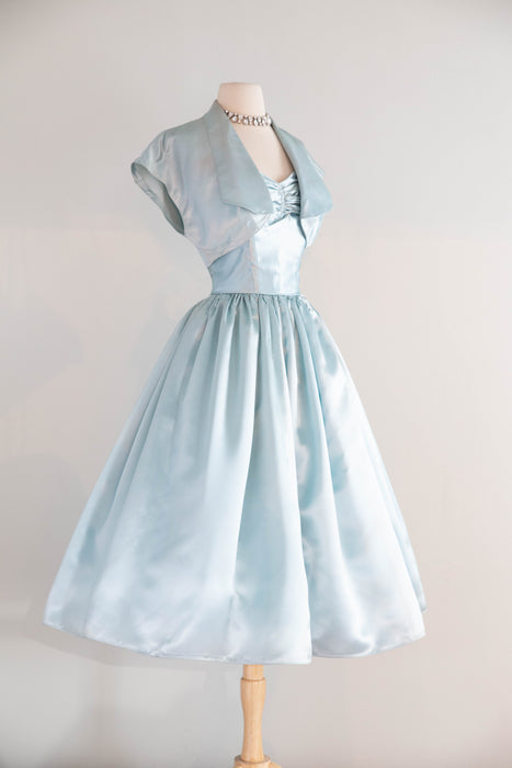 Dreamy 1950's Crystal Blue Satin Party Dress By Emma Domb / XS