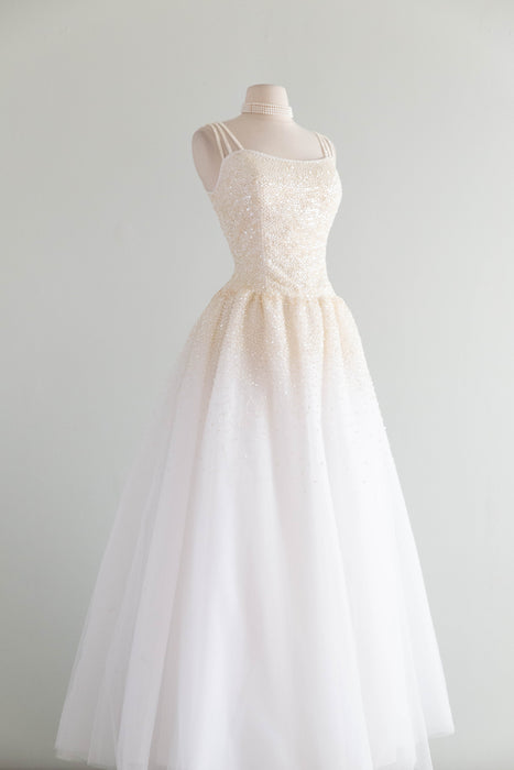 Enchanting Vintage Princess Wedding Gown With Sparkling Pearls & Tulle / M