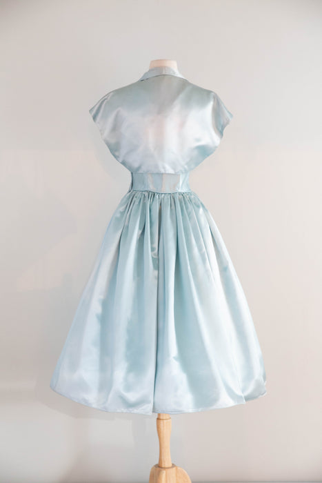 Dreamy 1950's Crystal Blue Satin Party Dress By Emma Domb / XS