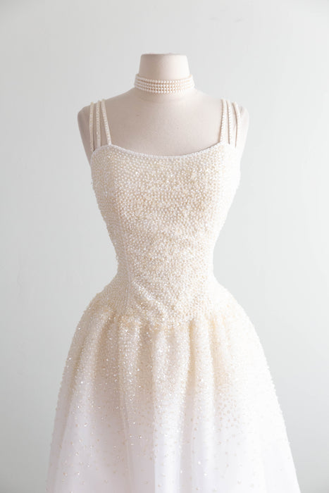 Enchanting Vintage Princess Wedding Gown With Sparkling Pearls & Tulle / M