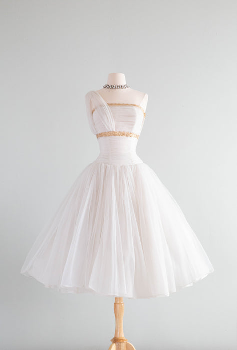 Dreamy 1950's Fred Perlberg Sugar Spun Wedding Dress With Gold Trim / Xtabay Vintage Dreamy 1950's Fred Perlberg Sugar Spun Wedding Dress With Gold Trim / Xtabay Vintage