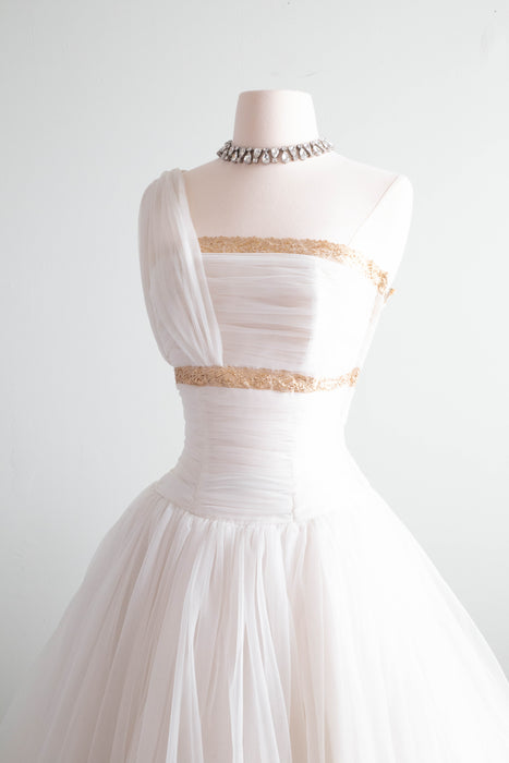 Dreamy 1950's Fred Perlberg Sugar Spun Wedding Dress With Gold Trim / Small