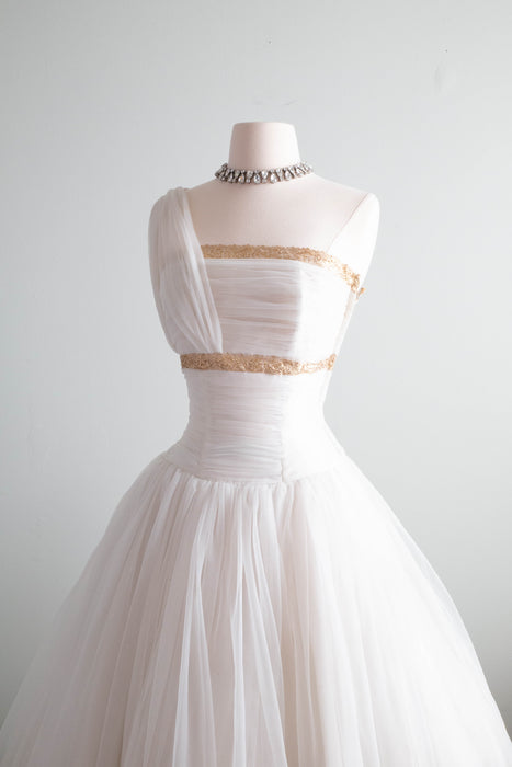 Dreamy 1950's Fred Perlberg Sugar Spun Wedding Dress With Gold Trim / Small