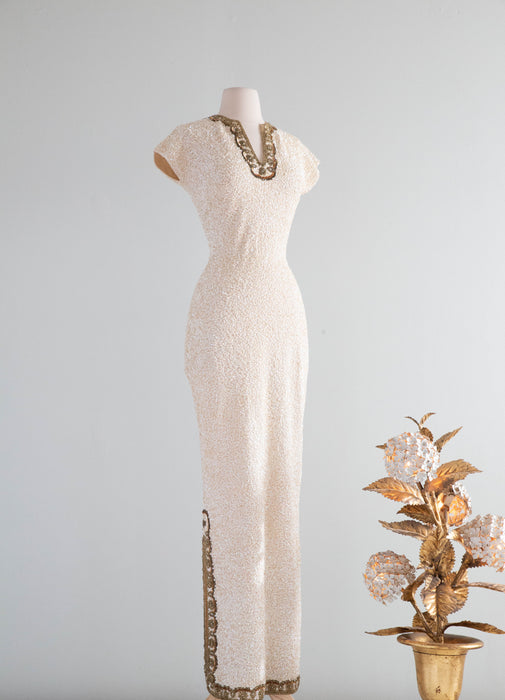 Spectacular 1950's Gene Shelly Ivory Sequined Evening Gown / SM