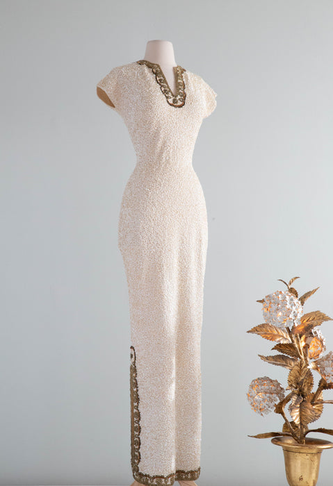 Spectacular 1950's Gene Shelly Ivory Sequined Evening Gown / SM