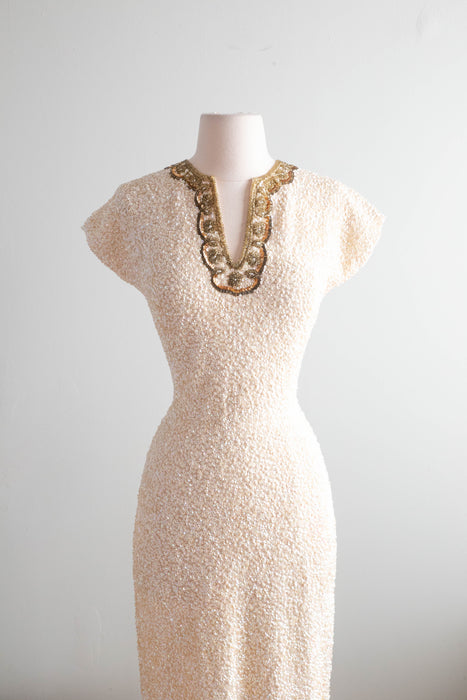 Spectacular 1950's Gene Shelly Ivory Sequined Evening Gown / SM