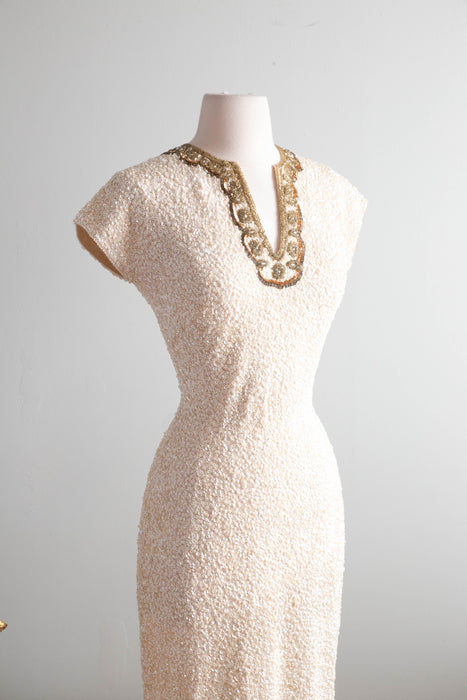 Spectacular 1950's Gene Shelly Ivory Sequined Evening Gown / SM