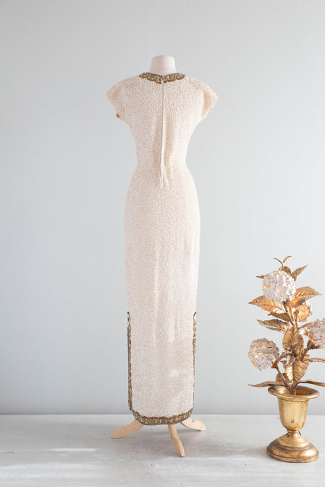 Spectacular 1950's Gene Shelly Ivory Sequined Evening Gown / SM