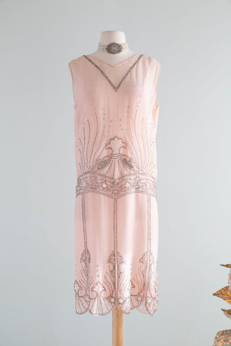 Rare Antique 1920's "Birth OF Venus" Shell Pink Beaded Flapper Dress / M