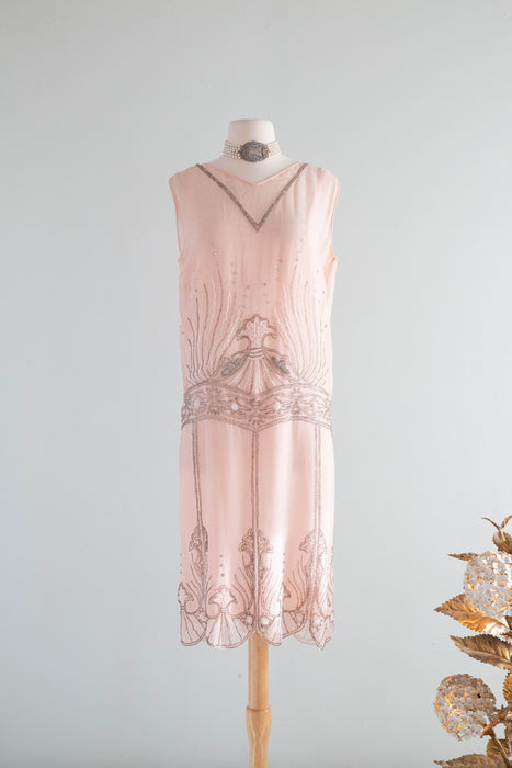 Rare Antique 1920's "Birth OF Venus" Shell Pink Beaded Flapper Dress / M