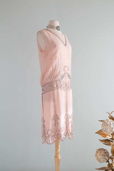 Rare Antique 1920's "Birth OF Venus" Shell Pink Beaded Flapper Dress / M