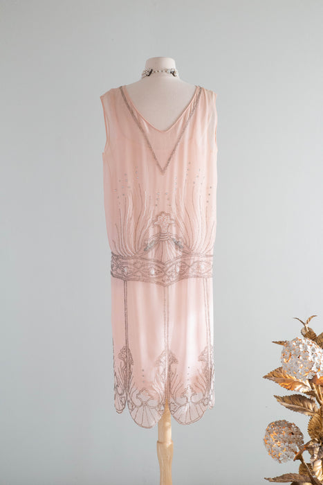 Rare Antique 1920's "Birth OF Venus" Shell Pink Beaded Flapper Dress / M