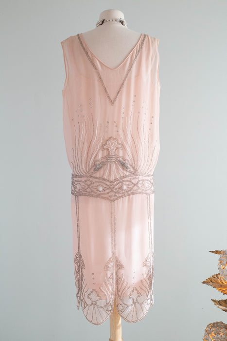 Rare Antique 1920's "Birth OF Venus" Shell Pink Beaded Flapper Dress / M