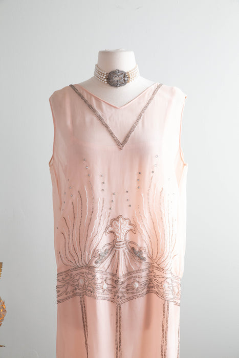 Rare Antique 1920's "Birth OF Venus" Shell Pink Beaded Flapper Dress / M