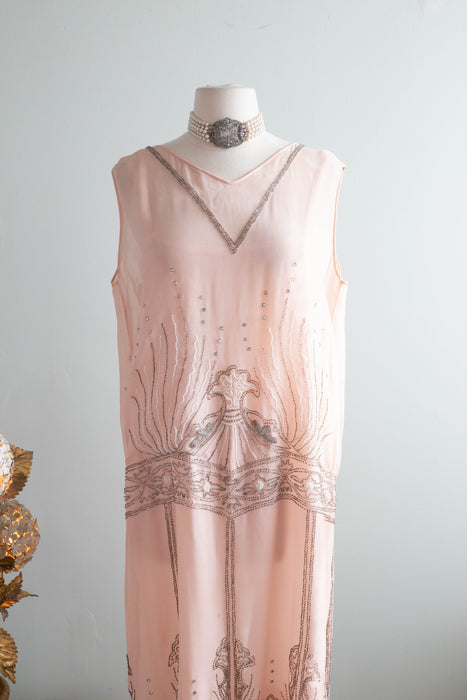 Rare Antique 1920's "Birth OF Venus" Shell Pink Beaded Flapper Dress / M