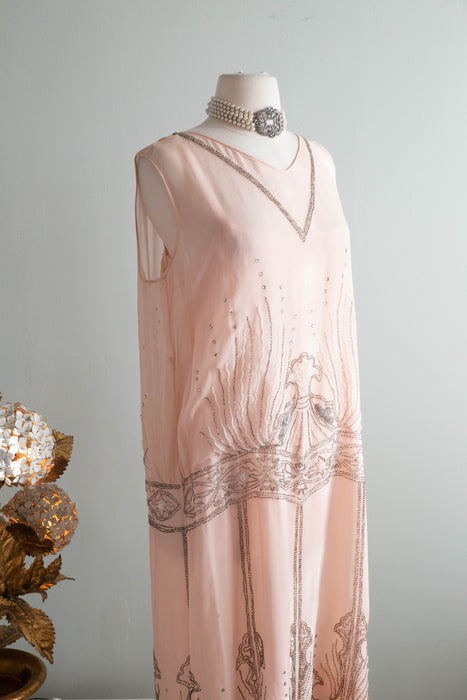 Rare Antique 1920's "Birth OF Venus" Shell Pink Beaded Flapper Dress / M