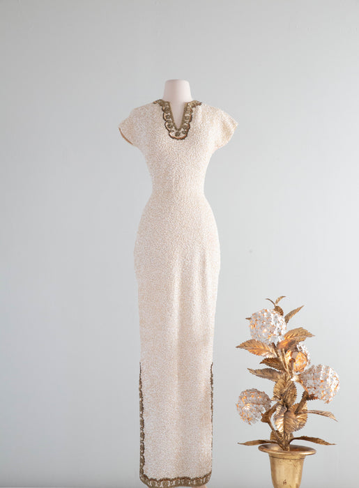 Spectacular 1950's Gene Shelly Ivory Sequined Evening Gown / SM