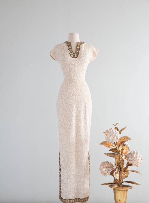 Spectacular 1950's Gene Shelly Ivory Sequined Evening Gown / SM