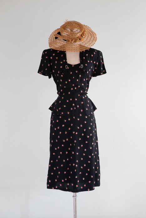 Wonderful 1940's Rose Blossom Print Rayon Dress With Bow Back / SM