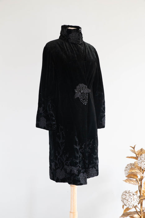 Exquisite 1920's Black Velvet Opera Coat With Jet Embroidery From Au Bon Marche' Paris