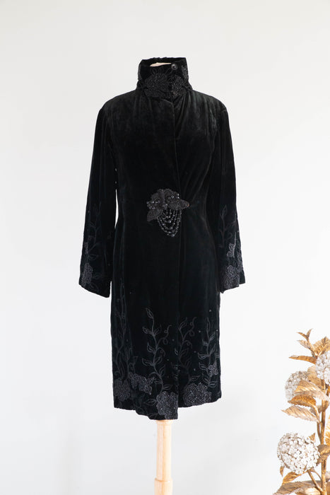 Exquisite 1920's Black Velvet Opera Coat With Jet Embroidery From Au Bon Marche' Paris