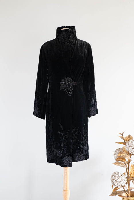 Exquisite 1920's Black Velvet Opera Coat With Jet Embroidery From Au Bon Marche' Paris