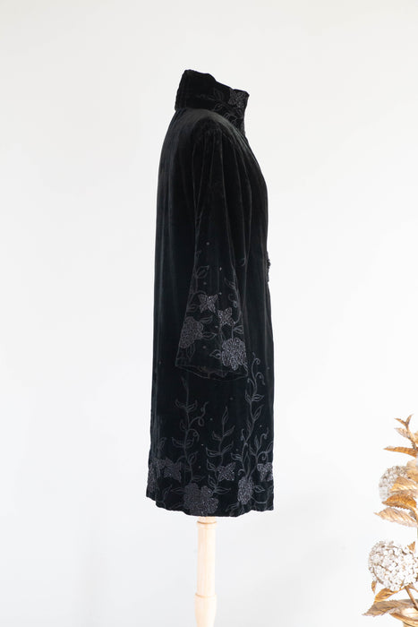 Exquisite 1920's Black Velvet Opera Coat With Jet Embroidery From Au Bon Marche' Paris