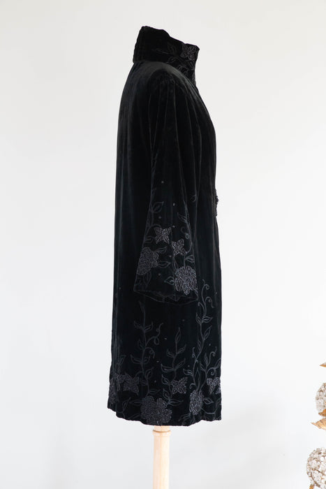 Exquisite 1920's Black Velvet Opera Coat With Jet Embroidery From Au Bon Marche' Paris