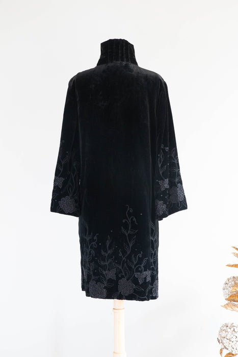 Exquisite 1920's Black Velvet Opera Coat With Jet Embroidery From Au Bon Marche' Paris