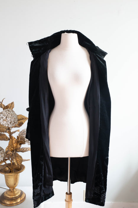 Exquisite 1920's Black Velvet Opera Coat With Jet Embroidery From Au Bon Marche' Paris