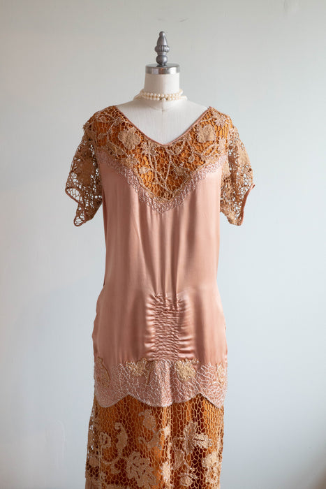 Rare 1920's Flapper Dress In Cocoa Rose & Cinnamon Silk / Medium Xtabay Vintage Rare 1920's Flapper Dress In Cocoa Rose & Cinnamon Silk / Medium Xtabay Vintage