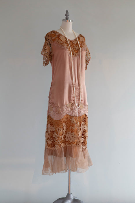 Rare 1920's Flapper Dress In Cocoa Rose & Cinnamon Silk / Medium