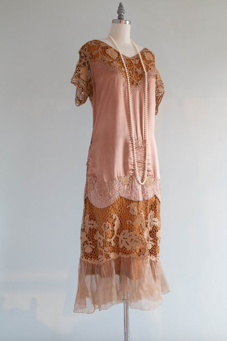 Rare 1920's Flapper Dress In Cocoa Rose & Cinnamon Silk / Medium