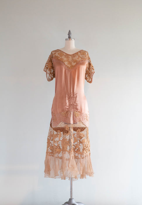 Rare 1920's Flapper Dress In Cocoa Rose & Cinnamon Silk / Medium