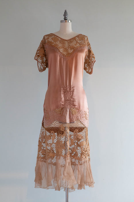 Rare 1920's Flapper Dress In Cocoa Rose & Cinnamon Silk / Medium Xtabay Vintage Rare 1920's Flapper Dress In Cocoa Rose & Cinnamon Silk / Medium Xtabay Vintage