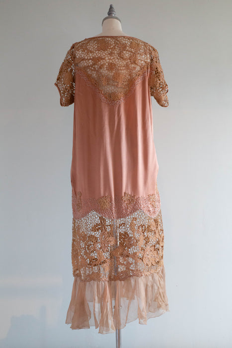 Rare 1920's Flapper Dress In Cocoa Rose & Cinnamon Silk / Medium