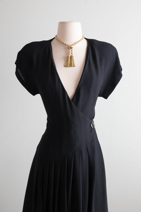 Elegant Vintage Lanvin Black Crepe Wrap Style Dress With Pleats / M