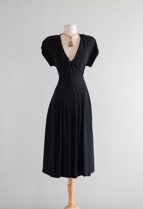 Elegant Vintage Lanvin Black Crepe Wrap Style Dress With Pleats / M