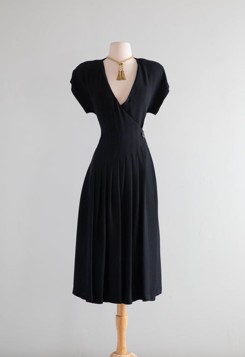 Elegant Vintage Lanvin Black Crepe Wrap Style Dress With Pleats / M Xtabay Vintage Elegant Vintage Lanvin Black Crepe Wrap Style Dress With Pleats / M Xtabay Vintage
