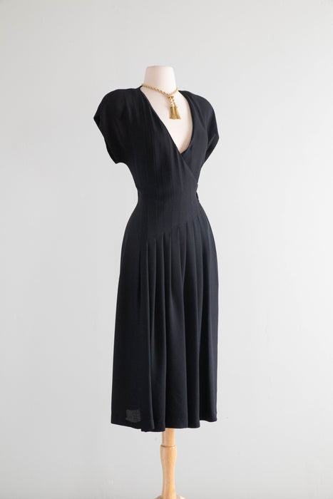 Elegant Vintage Lanvin Black Crepe Wrap Style Dress With Pleats / M