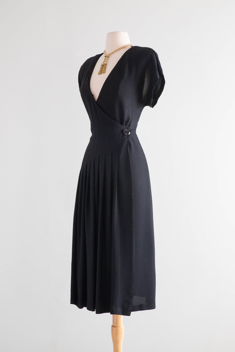 Elegant Vintage Lanvin Black Crepe Wrap Style Dress With Pleats / M