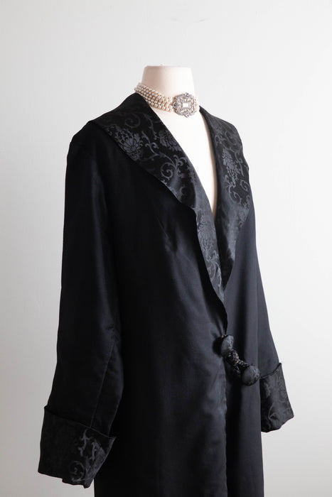 Elegant Early 1920's Black Wool Gabardine Evening Coat / M