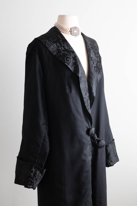 Elegant Early 1920's Black Wool Gabardine Evening Coat / M